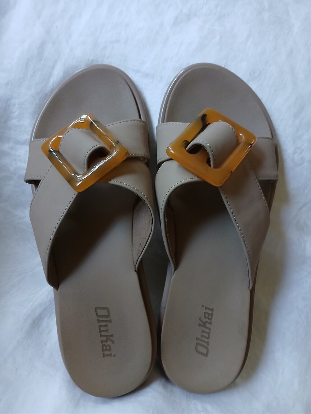 Olukai La'i Slide Sandals Womens Size 6 Tan Beige Tortoise Buckle